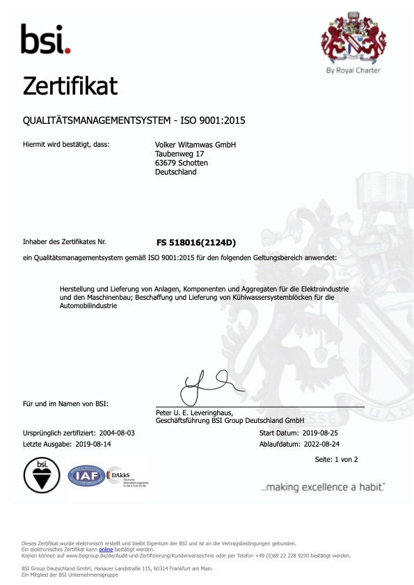 Zertifikat Qualitätsmanagement DIN EN ISO 9001